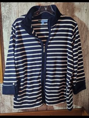 Coastal Comfort Navy & White Striped Zip-Front Short Sleeve Top Size L Nautical